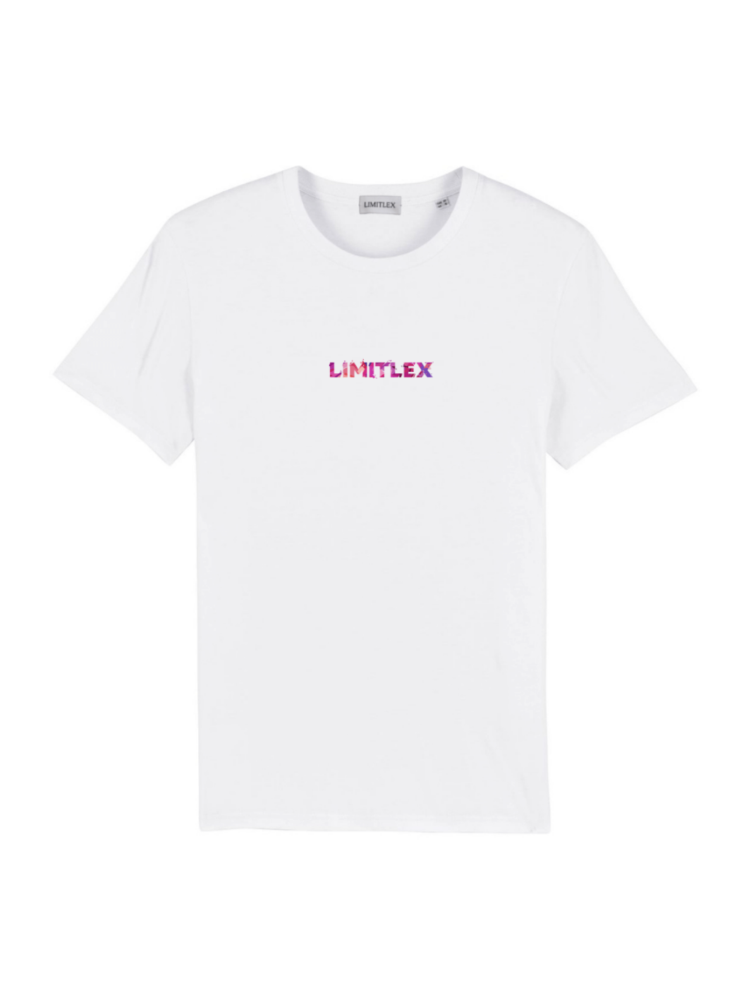 T-shirt essential bianca con scritta Limitlex sul petto.